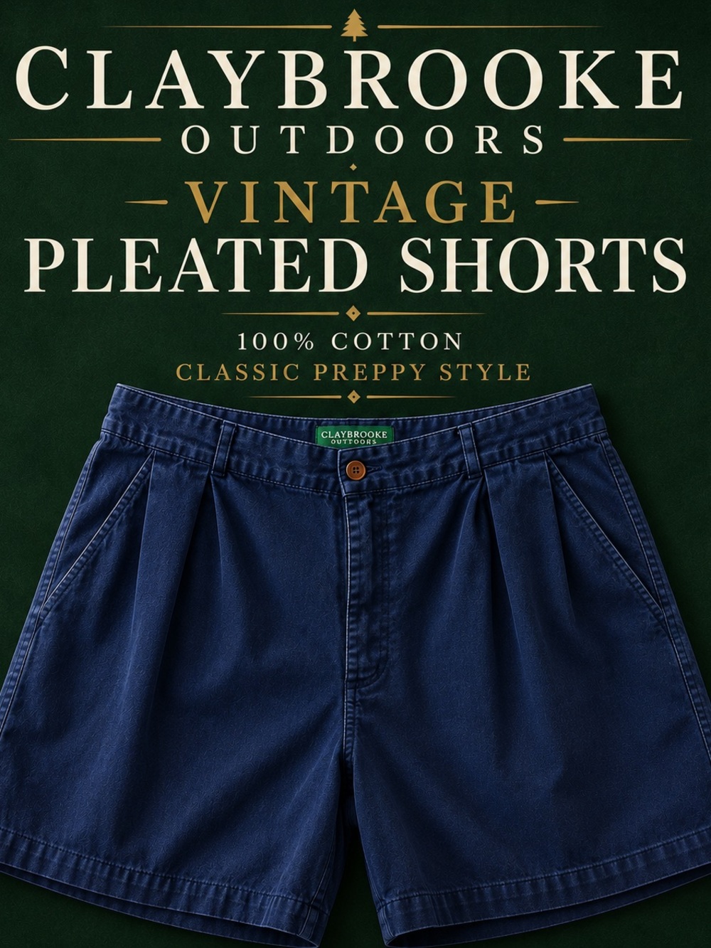 Claybrooke Outdoors Navy Pleated Shorts Men’s Medium Vintage Preppy